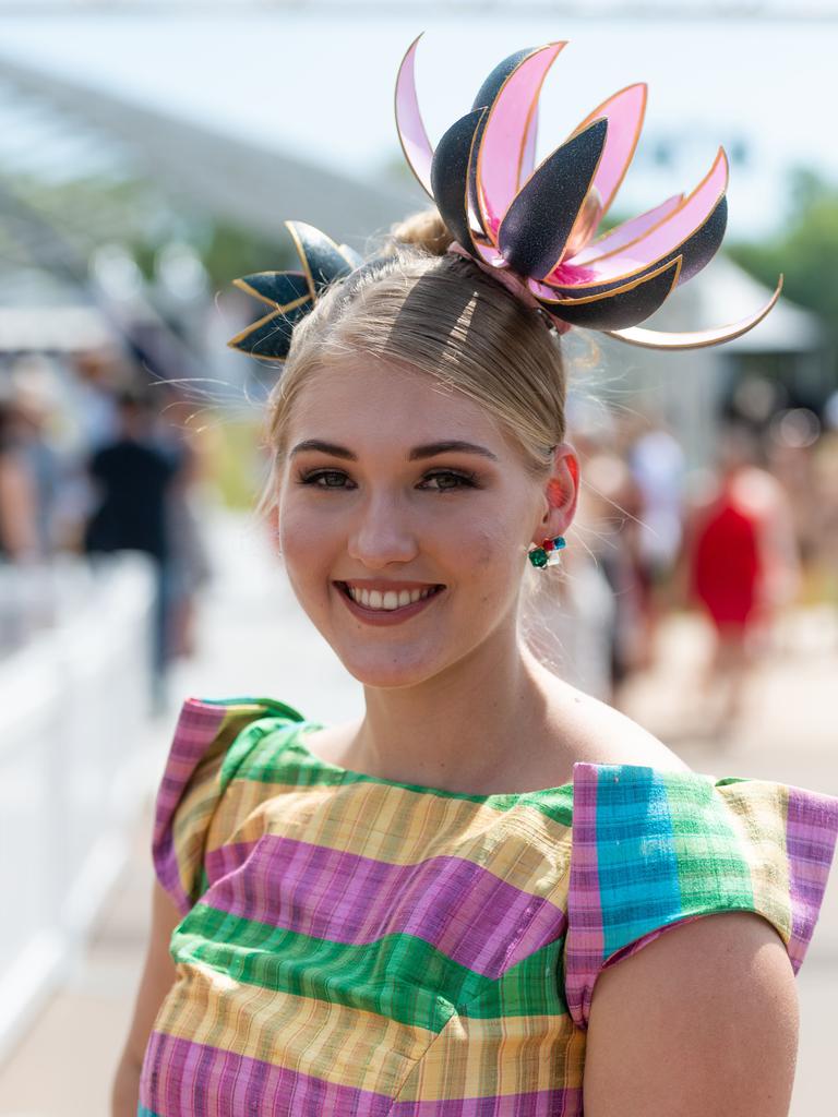 Fashions on the Field competitor Emily Kowalewycz wearing a custom-made dress and hat by local designer Kevin de Beer. Picture: Che Chorley