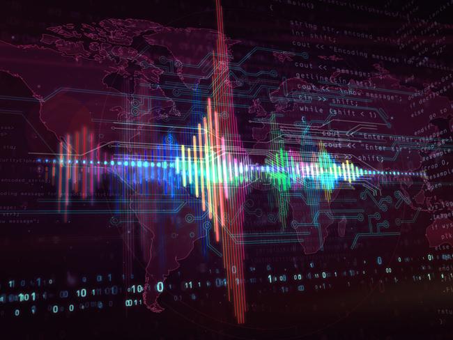 Audio spectrum voice neon sign concept, radio sound wave and disco music record volume signal. Futuristic 3d rendering illustration.