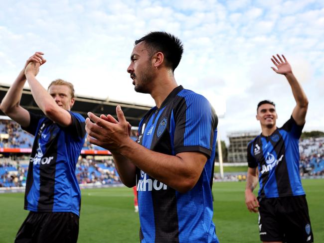 Cameron Howieson and his Auckland FC teammates thank the fans after their successful A-Leagues debut. Picture: Getty Images