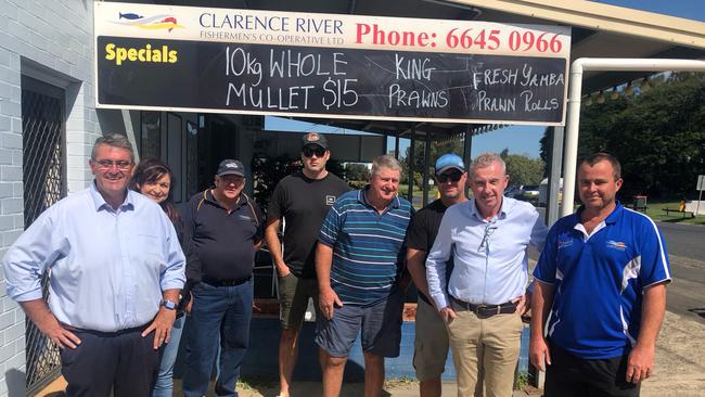 Clarence MP Richie Williamson (left), Page MP Kevin Hogan (second from right) and members of the Clarence River Fisherman's Co-Operative have urged governments to provide income support.