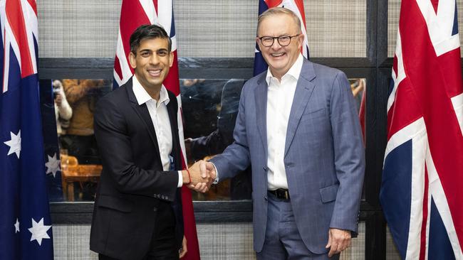 British Prime Minister Rishi Sunak and Anthony Albanese at the Lionfish restaurant in the Pendri Hotel, San Diego, California, on Monday (AEDT). Picture: Alex Ellinghausen