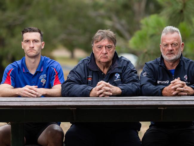 Keilor’s Kane Barbuto (captain), Mick McGuane (coach and Former Collingwood player) and Shaun Morris (president). Picture: Jason Edwards