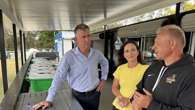 Queensland state election 2024 Day 2. LNP funding announcement for Magic United Football Club. Adam Poric, CEO of Magic United, Shadow sports spokesman Tim Mander and Gaven candidate Bianca Stone at the club's grounds in Carrara. Picture: Andrew Potts
