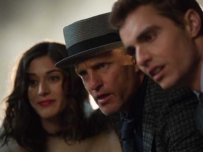 Lula (Lizzy Caplan), Merritt McKinney (Woody Harrelson) and Jack Wilder (Dave Franco) in a scene from NOW YOU SEE ME 2 directed by John M. Chu, in cinemas June 2, 2016. An Entertainment One Films release. For more information contact Claire Fromm: cfromm@entonegroup.com.