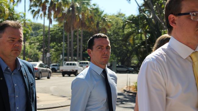 Zachary Rolfe and his legal team arrive at the Supreme Court in Darwin on July 21. Picture: Jason Walls