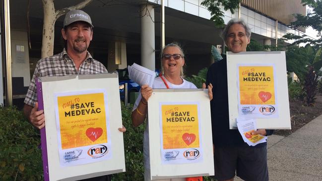 Protesters voice their objection outside the Cairns Hospital to the planned repealing of the federal medevac Bill. Picture: SUPPLIED