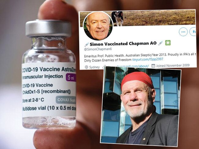 The AstraZeneca vaccine, and two of those suggesting the heat be turned up on people resisting being vaccinated: Professor Simon Chapman, top right, and Peter FitzSimons, bottom right. Pictures: