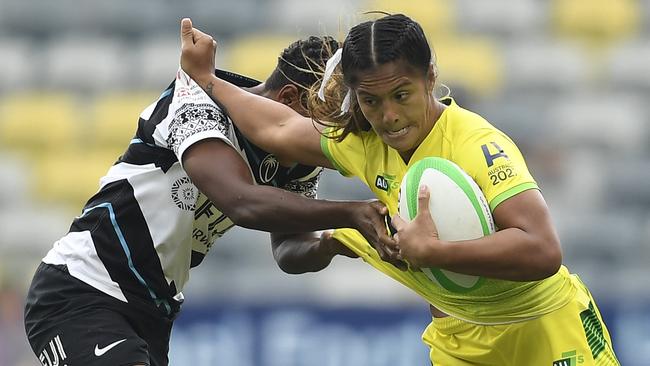 Sariah Paki being tackled by a Fijian opponent in a pre-Tokyo match earlier this year.