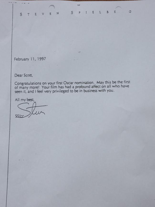 Scott Hicks' congratulatory letter from fellow filmmaker Steven Spielberg. Picture: Emma Brasier