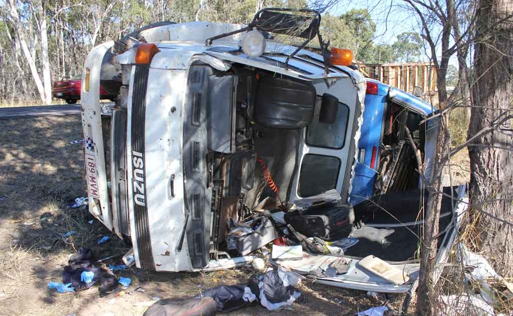 The remains of a truck that rolled near Miles.