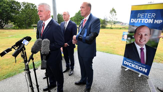 Deputy Prime Minister Michael McCormack (left), Minister for Home Affairs Peter Dutton (right) and Federal Member for Petrie Luke Howarth during a press conference in Bridgeman Downs. Picture: AAP/Dan Peled