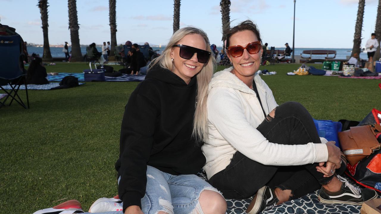 Dee Bartolo and Janelle Jordan. Locals and visitors arrived early to get a good spot for the Geelong New Years Eve celebrations. Picture: Alan Barber