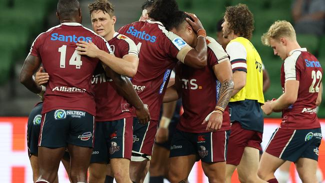 MELBOURNE, AUSTRALIA - MARCH 15: The Reds celebrate after they defeated the Rebels during the round four Super Rugby Pacific match between Melbourne Rebels and Queensland Reds at AAMI Park, on March 15, 2024, in Melbourne, Australia. (Photo by Robert Cianflone/Getty Images)