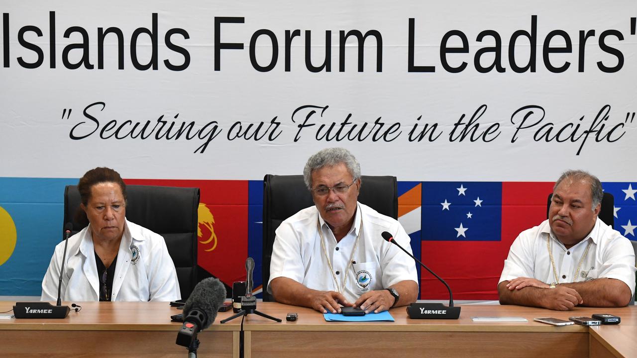 From left to right: Pacific Island Forum Secretary General Dame Meg Taylor, Tuvalu's Prime Minister Enele Sopoaga and Nauru's President Baron Waqa. Picture: Mick Tsikas/AAP