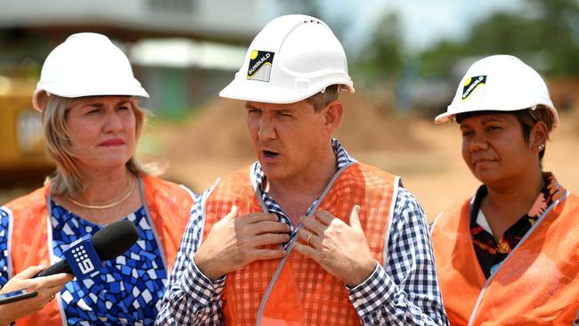 Chief Minister Michael Gunner, centre, addresses concerns about his leadership at a press conference with Infrastructure Minister Eva Lawler (left) and Education Minister Selena Uibo (right). Picture: Che Chorley