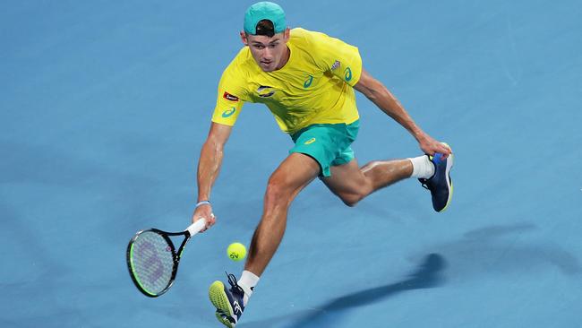 Alex de Minaur, in action during the ATP Cup, has pulled out of the Adelaide International after reaggravating an abdominal injury. Picture: Matt King/Getty Images