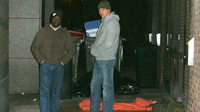 One freezing night in 2009, Prince William, pictured with Obakin, slept rough in a sleeping bag next to some dustbins near Blackfriars Bridge, central London. Picture: Centrepoint/PA/The Times