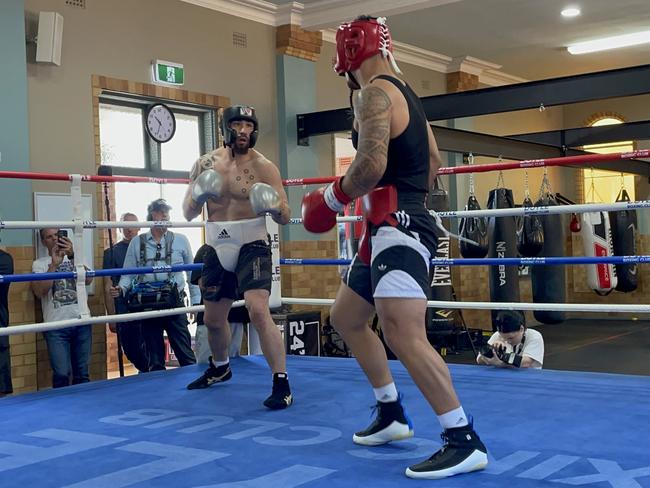 Rob Whittaker and Jai Opetaia spar in Sydney on Friday. Picture: Brendan Bradford