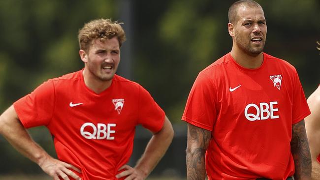 Will Gould, left, with Lance Franklin at pre-season training in December. Picture: Phil Hillyard