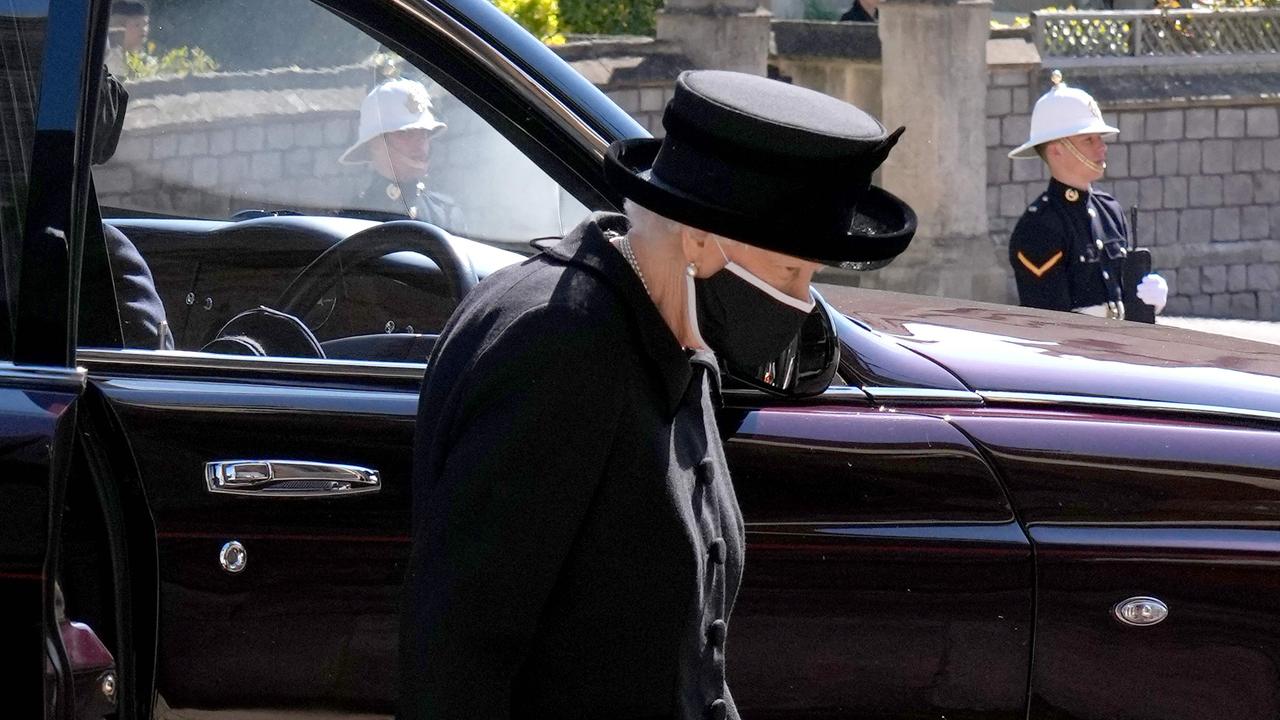 The Queen exiting her vehicle for the funeral service. Picture: Jonathan Brady/AFP