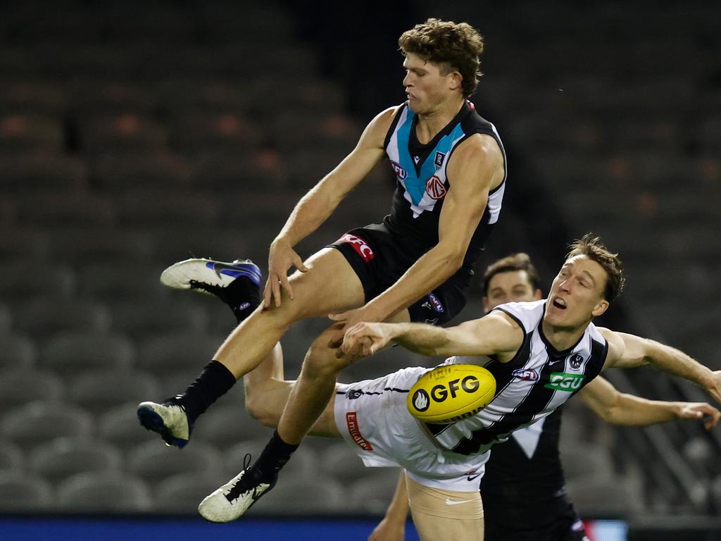 Mitch Georgiades was kept quiet by the Magpies. Picture: Michael Willson/AFL Photos via Getty Images