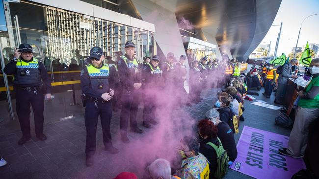 Climate activists gathered at Adelaide Convention Centre to protest an oil and gas conference in Adelaide. Picture: Tom Huntley