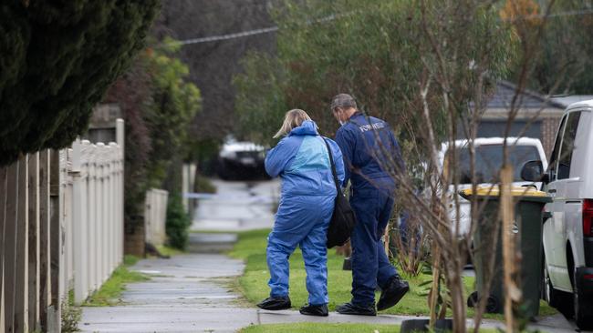 Homicide Squad detectives probe the death of a man found on a Frankston street. Picture: Nicki Connolly