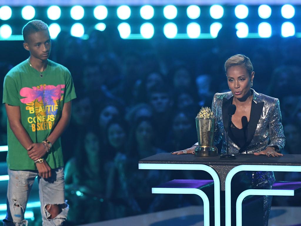 Proud son! Jaden Smith looks on as Jada Pinkett Smith accepted MTV’s Trailblazer award. Picture: AFP