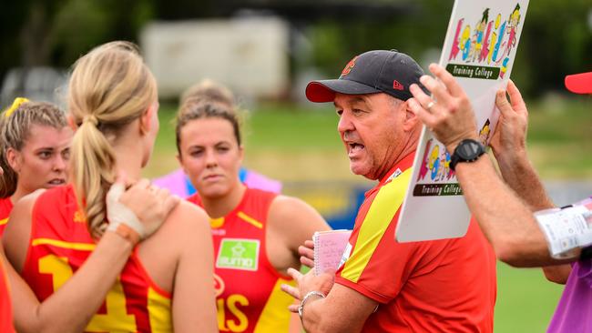 PERTH, AUSTRALIA - MARCH 15: David Lake, Senior Coach of the Suns coach addresses the team at three quarter time break during the 2020 AFLW Round 06 match between the West Coast Eagles and the Gold Coast Suns at Mineral Resources Park on March 15, 2020 in Perth, Australia. (Photo by Daniel Carson/AFL Photos via Getty Images)