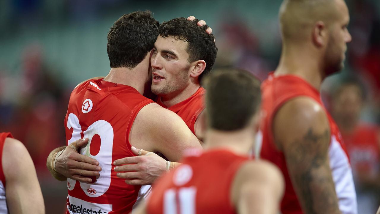 The McCartin brothers celebrated the Swans’ round 17 victory over the Western Bulldogs. Picture: Getty Images