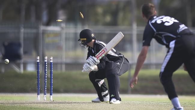 Chasing 325 for an improbable win, Port's Zach Worden was bowled by Uni's Bailey Wightman, for 46 off 55 balls. Picture: AAP/Dean Martin