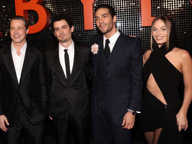 Robbie with her co-stars (from left to right): Brad Pitt, Damien Chazelle and Diego Calva at the global premiere in LA in 2022. Picture: Jesse Grant/Getty Images for Paramount Pictures