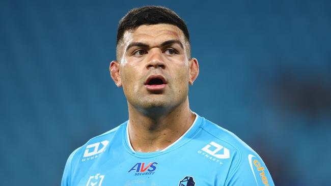 GOLD COAST, AUSTRALIA - MARCH 30: David Fifita of the Titans looks on during the round four NRL match between Gold Coast Titans and Dolphins at Cbus Super Stadium, on March 30, 2024, in Gold Coast, Australia. (Photo by Chris Hyde/Getty Images)