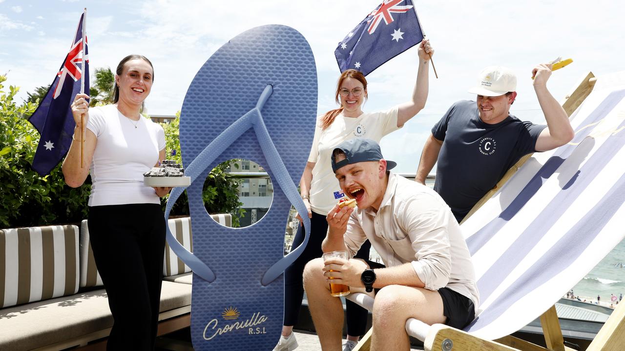 Lara Madden, Shev Lambert, Riley Comyns and Caleb Grace at Cronulla RSL that is one of dozens of NSW pubs and clubs getting loud and proud this Australia Day. Picture: Jonathan Ng