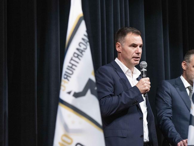 MACARTHUR CHRONICLE/AAP. MacarthurFC A-League Club launch at The Cube in the The Catholic Club Campbelltown. Ante Milicic the new coach of MAcarthur FC speaking with MC Simon Hill. Photographed today 15th May 2019. (AAP/Image Matthew Vasilescu