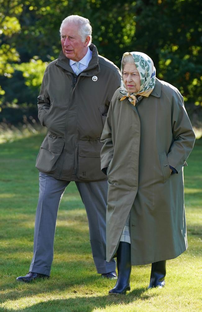 Queen Elizabeth II and Prince Charles in Balmoral in 2021. The Queen’s eldest son is said to be visiting her every morning. Picture: Andrew Milligan-WPA Pool/Getty Images