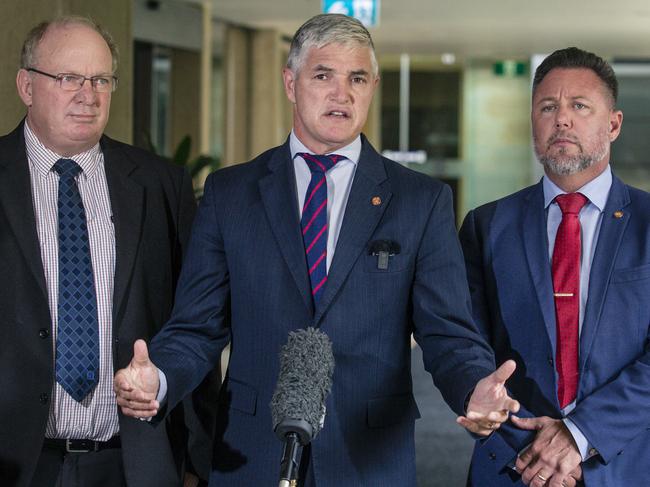 BRISBANE, AUSTRALIA - NewsWire Photos - DECEMBER 10, 2024: The Leader of the Katter Australia Party Robbie Katter flanked by party colleagues Shane Knuth (L) and Nick Dametto speaks at a press conference outside Queensland Parliament.Picture: NewsWire / Glenn Campbell