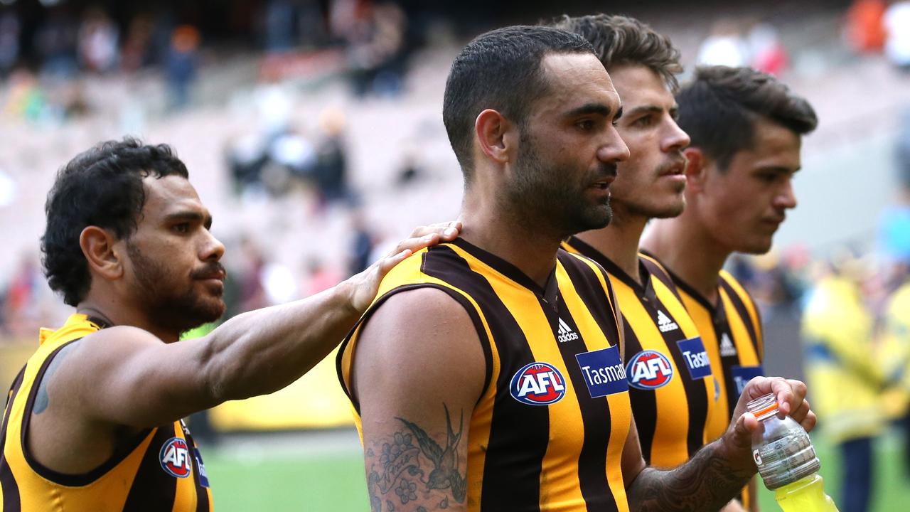 Hawthorn vs. Adelaide Crows (MCG) Cyril Rioli &amp; Shaun Burgoyne with Issac Smith Picture:Wayne Ludbey