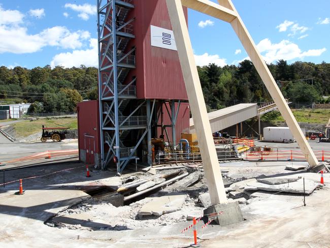 The sink hole that has developed at the former Beaconsfield mine site, now the responsiblity of the Tamar Valley Council.