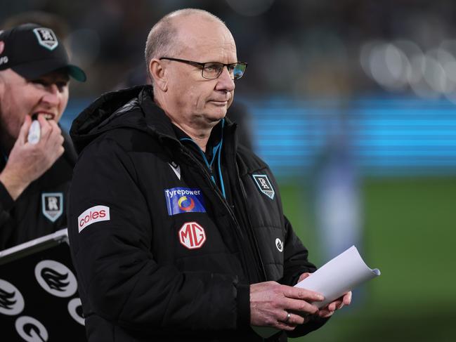 Ken Hinkley gave his midfielders a spray on Saturday. Picture: James Elsby/AFL Photos via Getty Images.