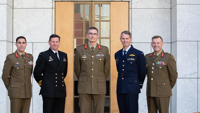 From left, Major General Simon Stuart, Rear Admiral Mark Hammond, Chief of the Defence Force Angus Campbell, Air Vice-Marshal Robert Chipman, and Chief of Joint Operations, Lieutenant General Greg Bilton were given leadership roles by the new A;banese government.