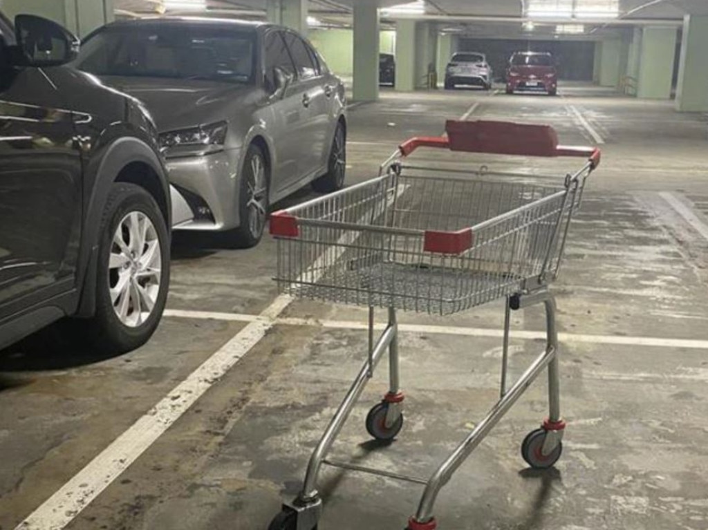 Yet another Coles trolley dumped in the middle of a parking spot, in an underground carpark. Picture: Twitter/SamanthaX_real