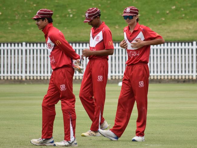 Saints catching cordon: Wicketkeeper Arnav Kandari with slips Blake Cattle (right) and Rishab Shah. Picture: Sean Teuma