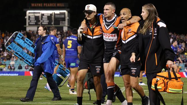 Brent Naden hopes to be back within the next two months after he suffered a serious knee injury in his side’s win over the Eels. Picture: Mark Metcalfe/Getty Images