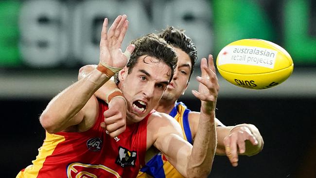 Suns player Ben King competes for the ball against West Coast on Saturday night. Picture: AAP