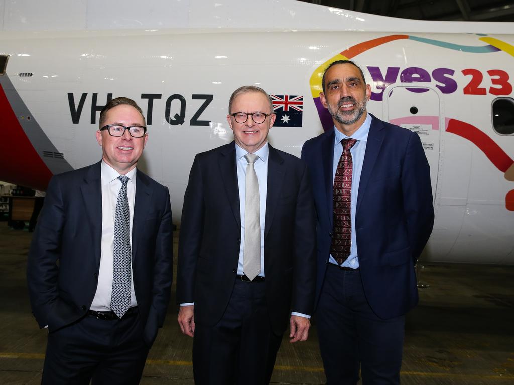 Alan Joyce, Anthony Albanese and Adam Goodes. Picture: Gaye Gerard/NCA NewsWire