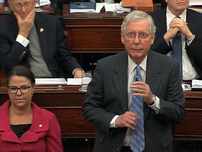 Senate Majority Leader Mitch McConnell speaks during the impeachment trial against President Donald Trump in the Senate. Picture: AP