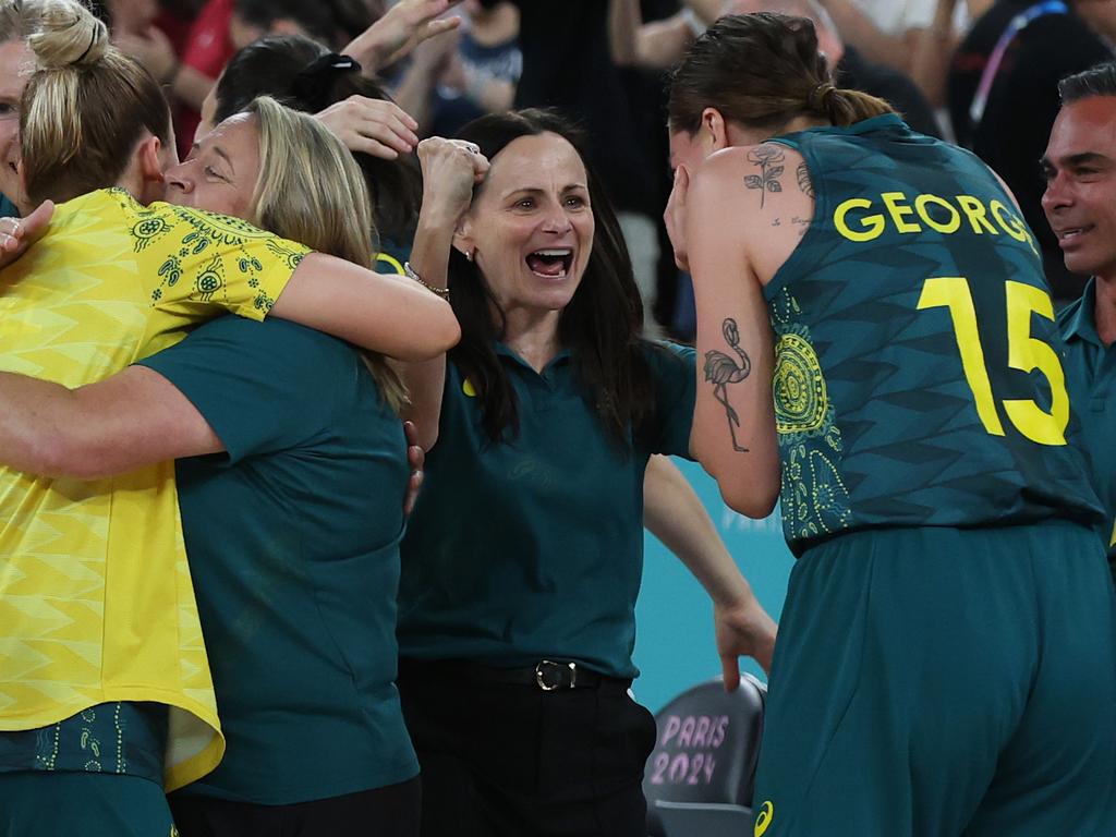 Sandy Brondello and Australia celebrate after winning Bronze in the Womens Bronze medal Basketball game between Australia and Belgium at Bercy Arena. Picture: Adam Head