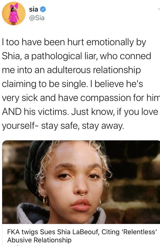 Sia has weighed into FKA Twigs' claims about Shia LaBeouf.