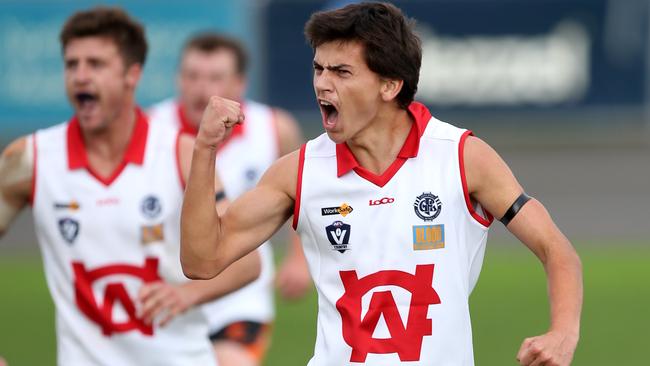 Thomas Handley celebrates goal for Geelong West on Saturday. Picture: Mike Dugdale